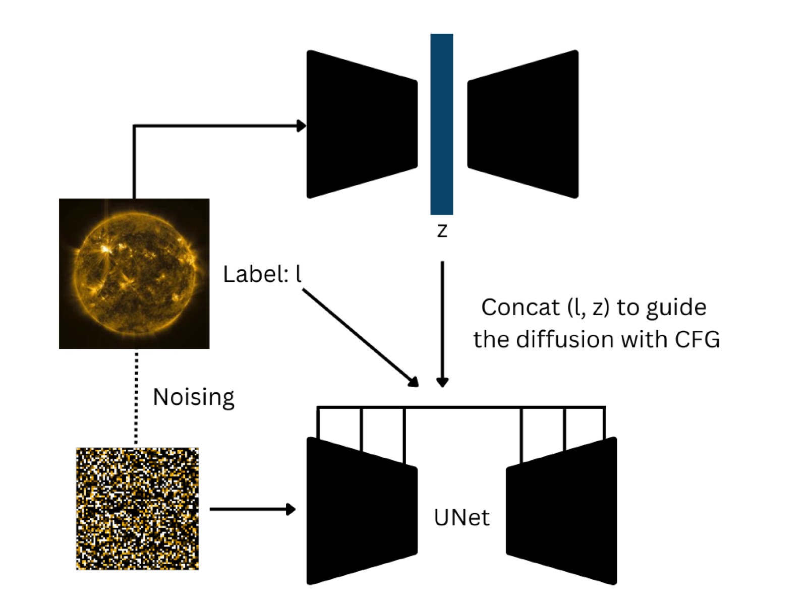 Diagram of a neural network trained with discrete labels and ceVAE embeddings guiding a diffusion model.