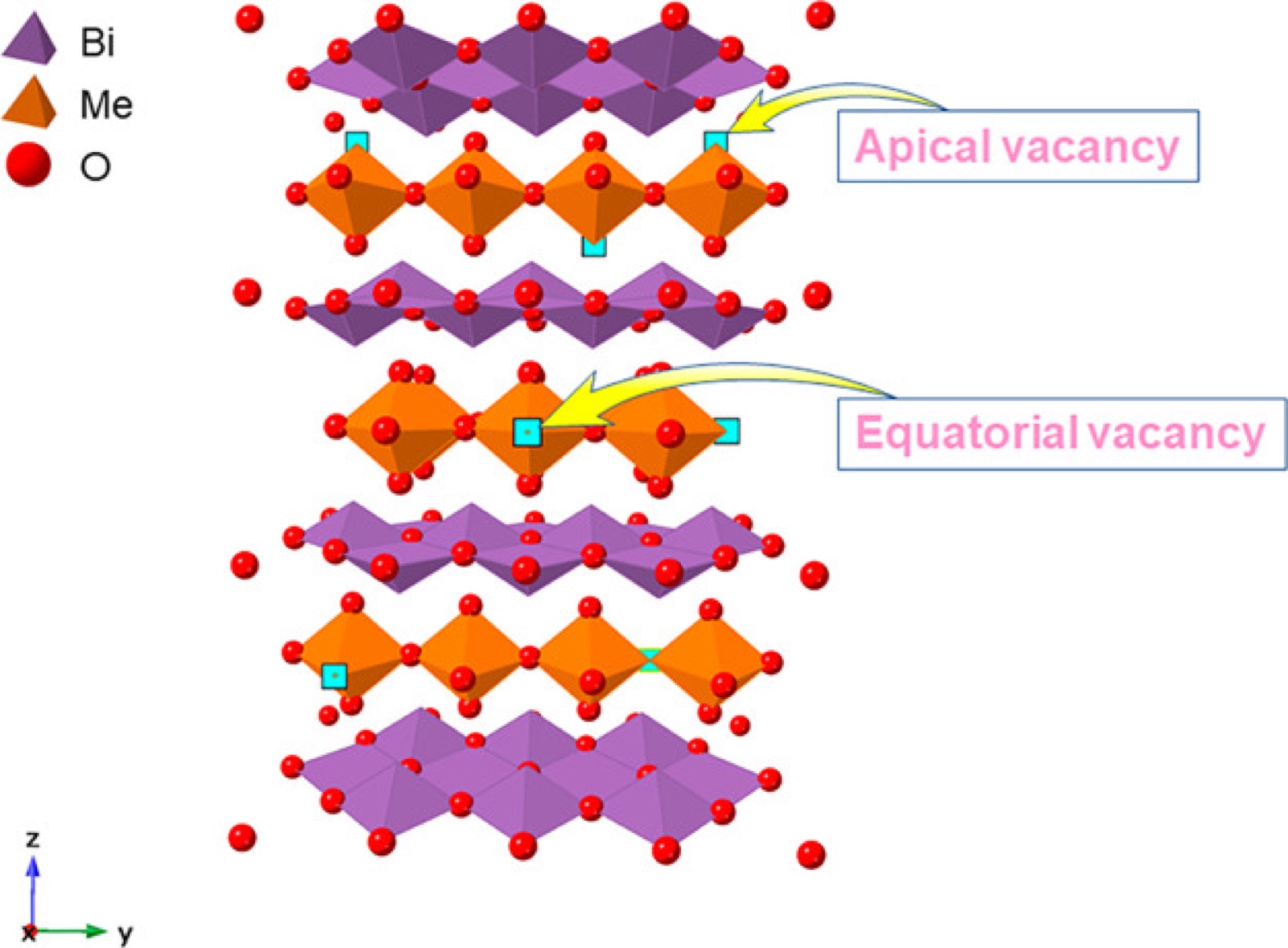 Idealized structural diagram of gamma-BIMEVOX showing the positions of apical and equatorial vacancies.